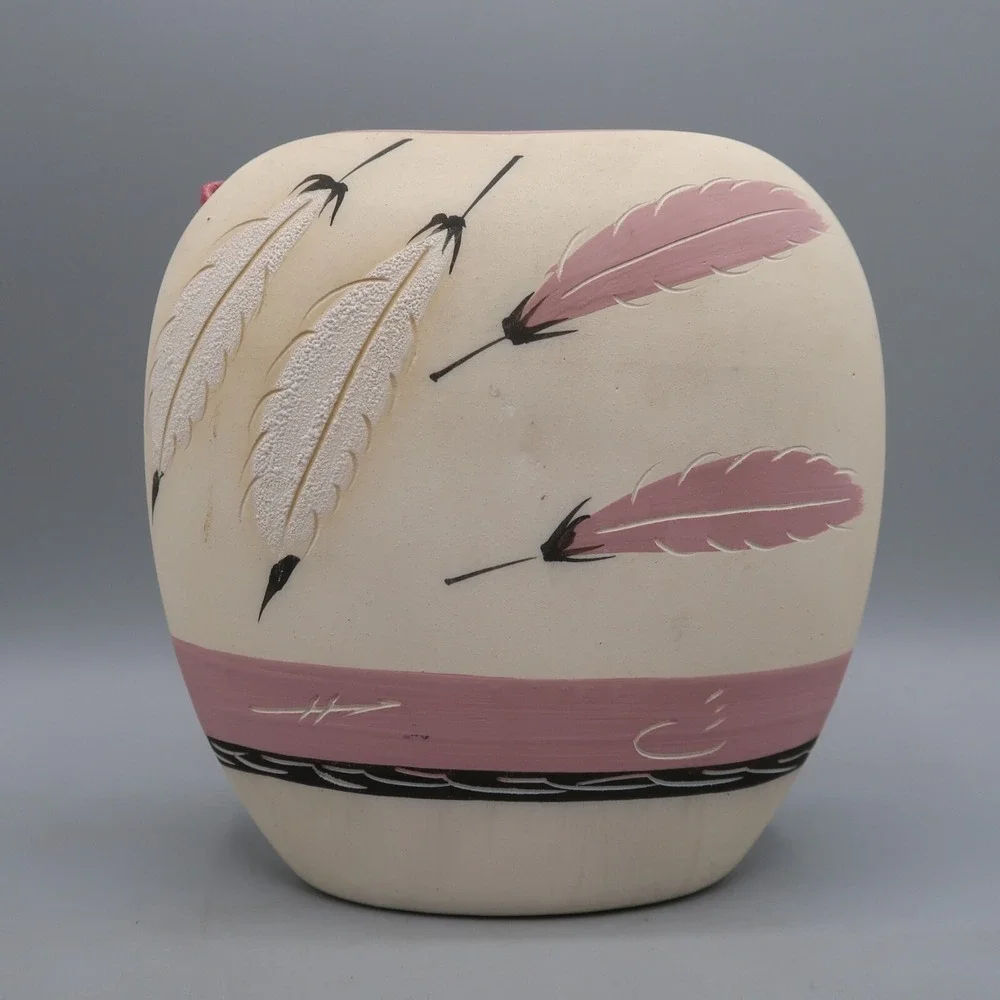 Pink White Rose Feather Vintage Native American Vase Pottery Vase Signed 6